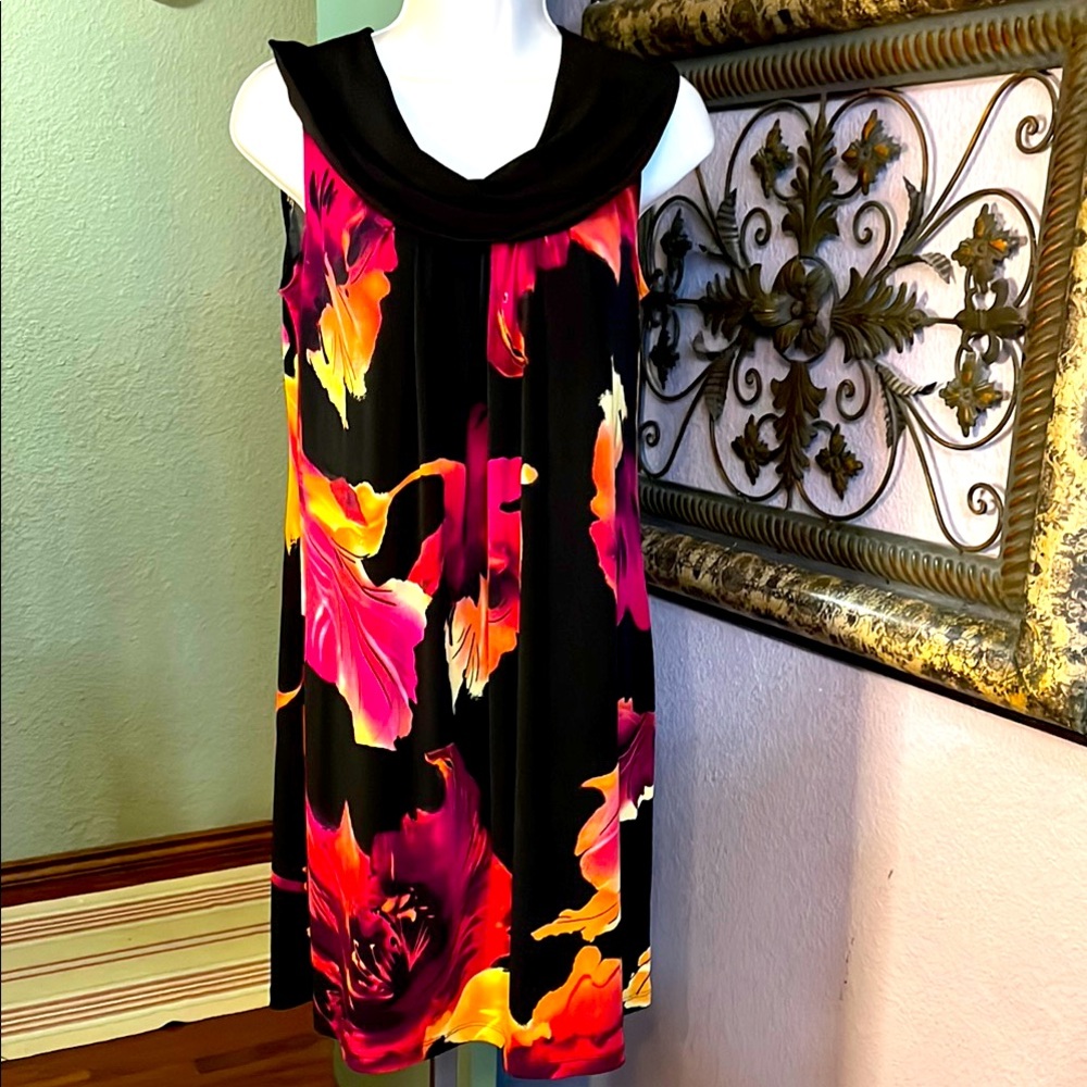 Enfocus Studio Colorful Floral Midi Dress w/ Cute Black Collar Sz 6